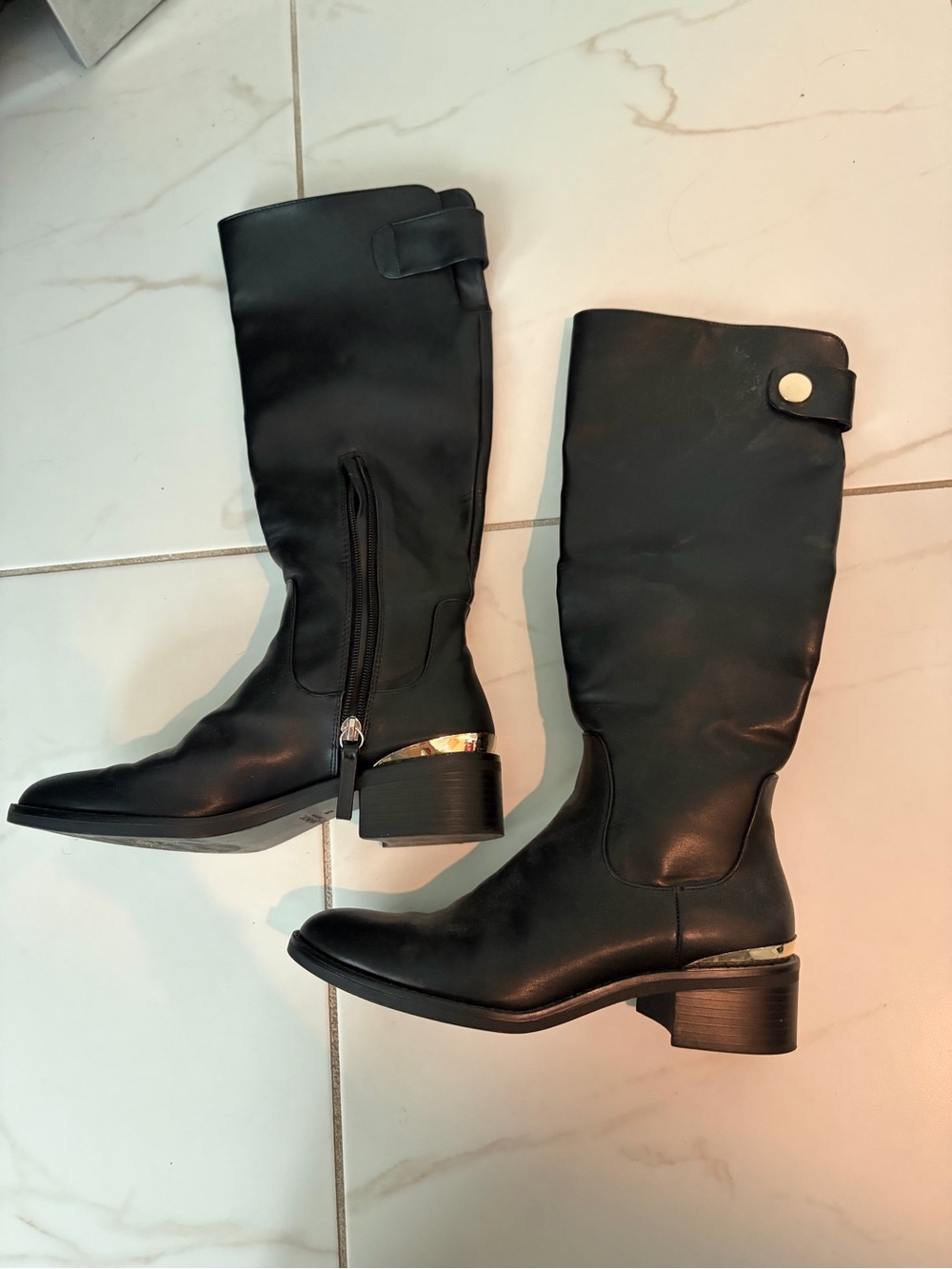Zara Black Knee-High Boots with Gold Heel Trim